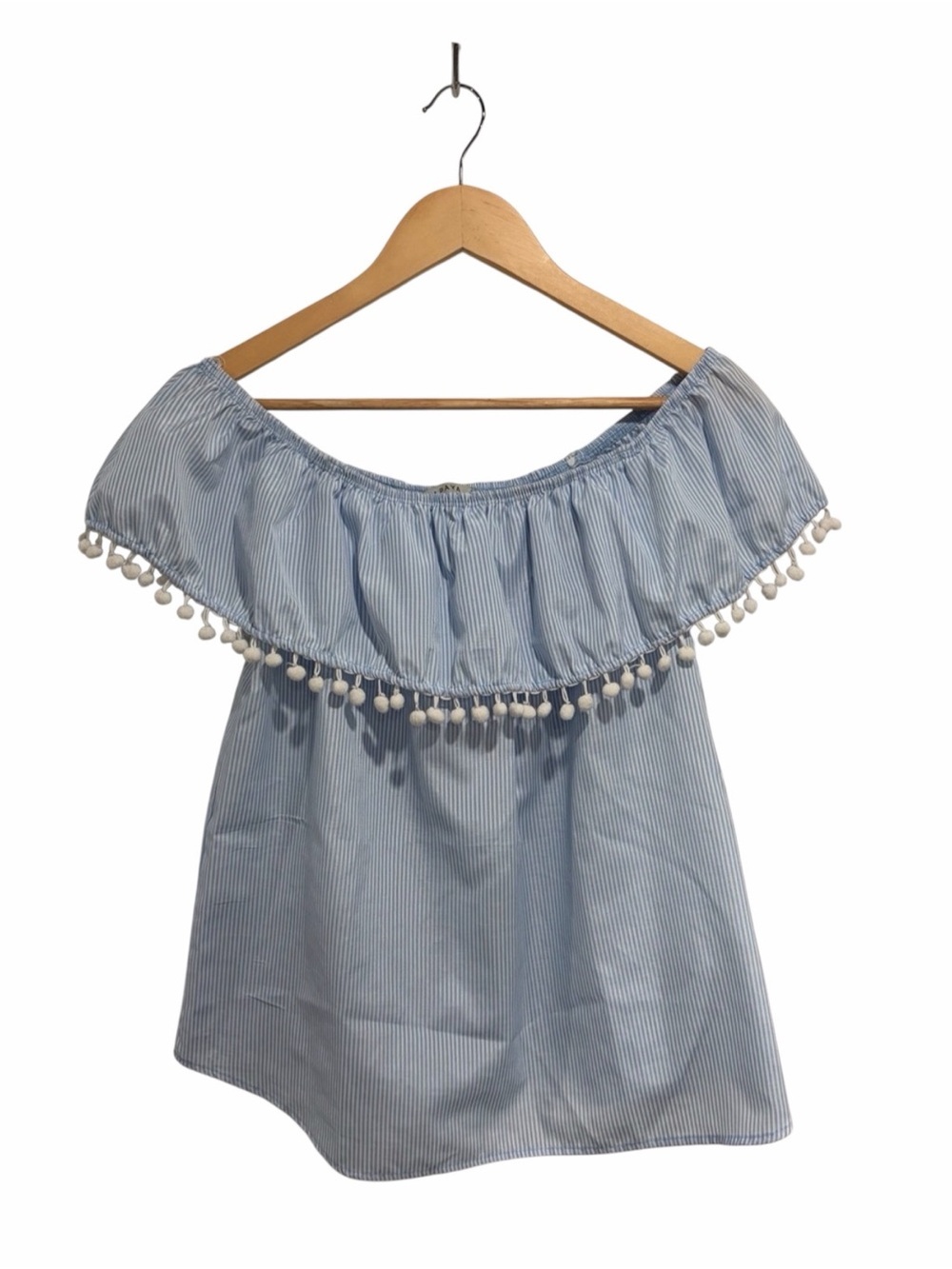 Papaya Light Blue Striped Off-Shoulder Top with White Pom-Poms